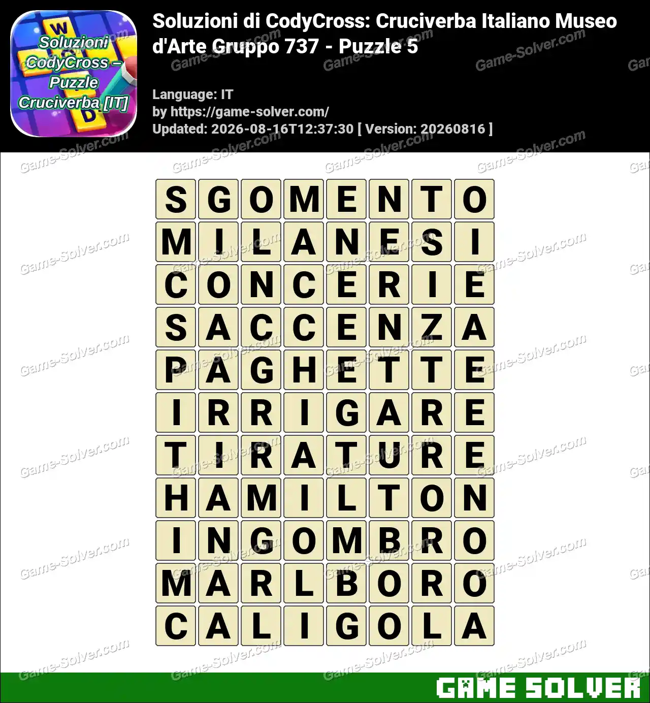 Soluzioni di CodyCross: Cruciverba Italiano Museo d’Arte Gruppo 737 – Puzzle 5